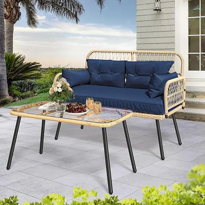 7 Pieces Patio Furniture Set, Sectional Sofa PE Rattan Wicker Conversation Set Outside Couch with Table and Cushions for Porch