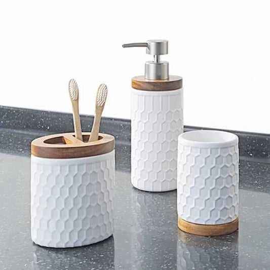 3pc Ceramic Wood Bath Accessories Set