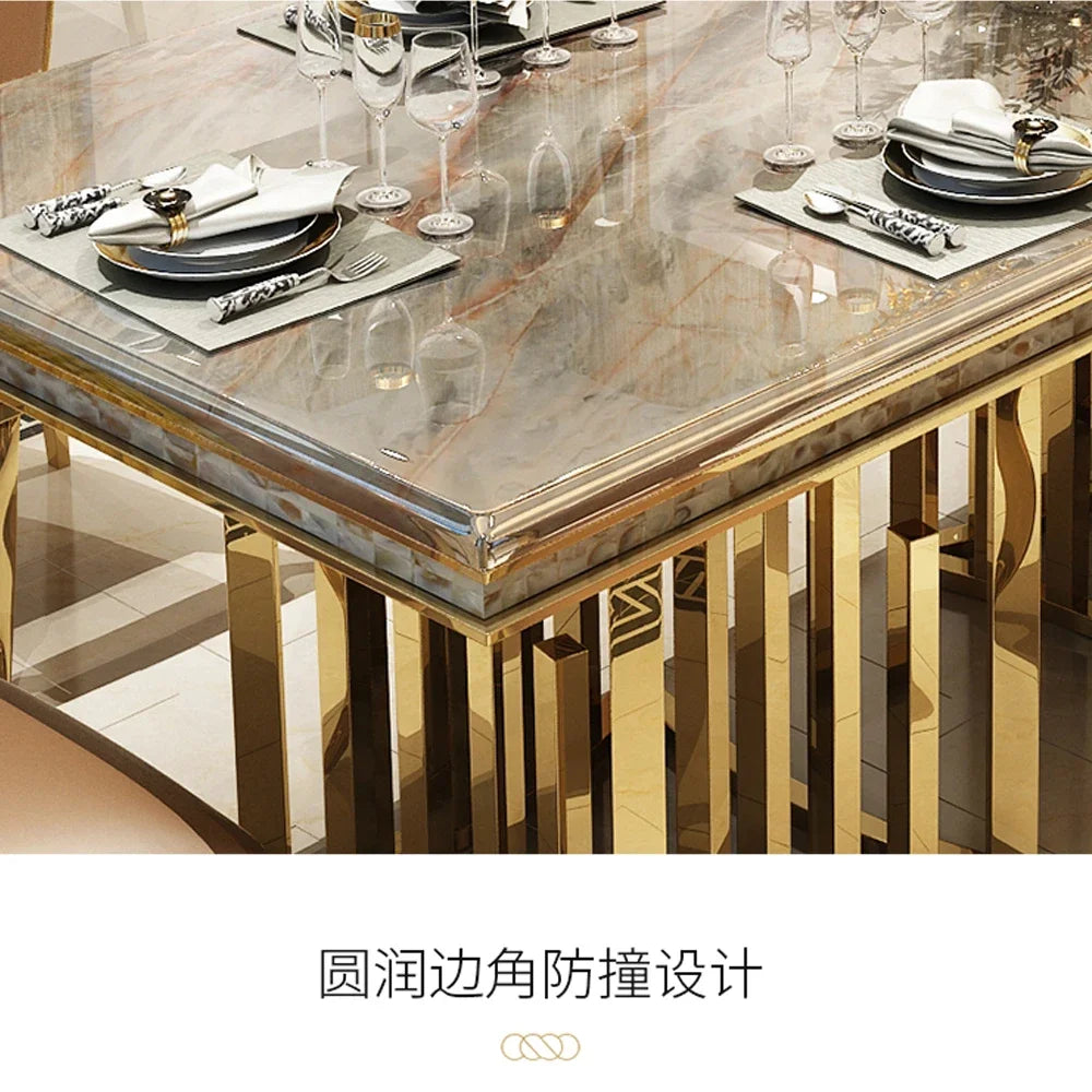 Luxury Marble Dining Table Set with Gold Stainless Steel Frame, Dining Room Table with Sea Shell and High-Back Chairs