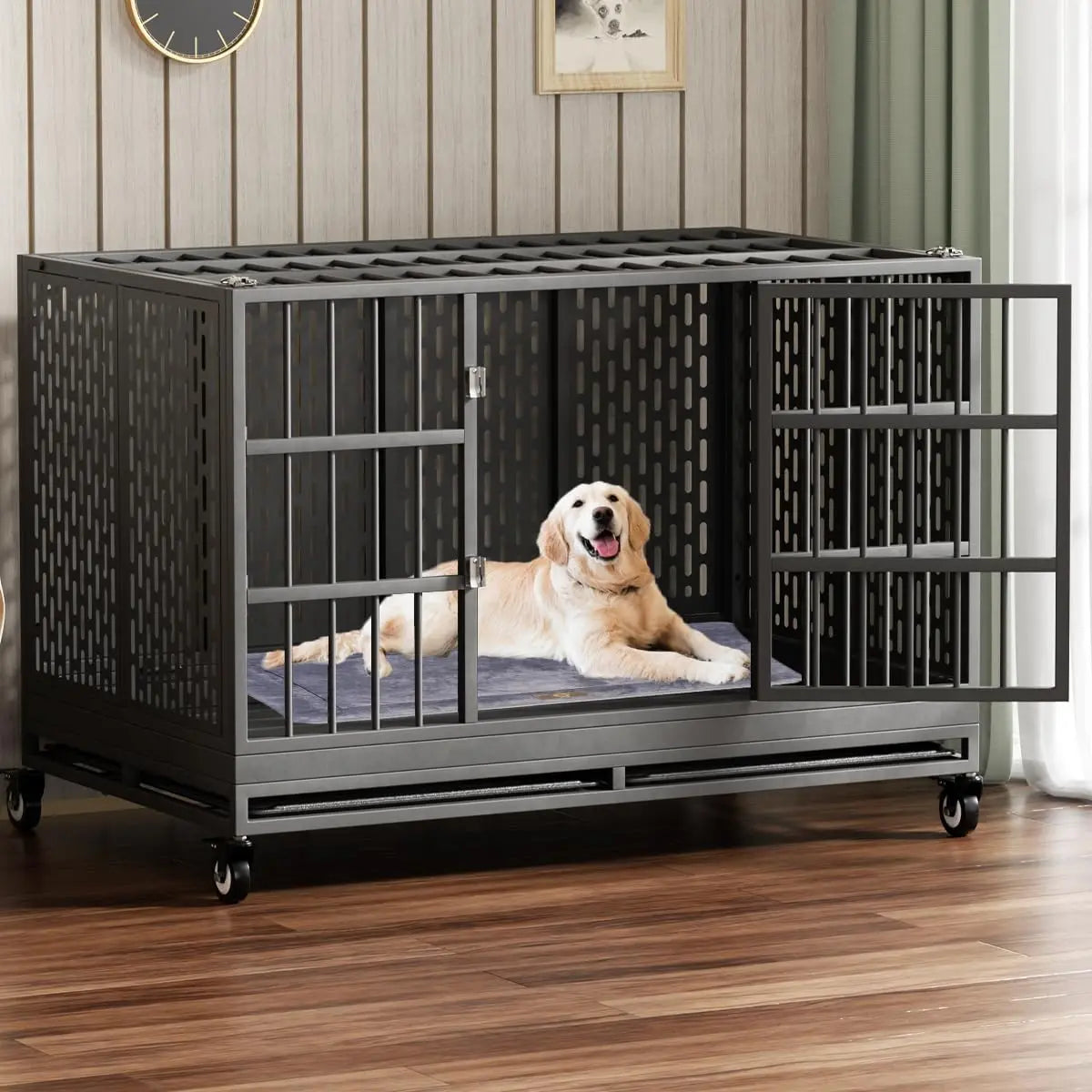 48-Inch Heavy-Duty Dog Crate with Wheels, Folding Metal Cage for Large Dogs, Extra-Large Indestructible Design