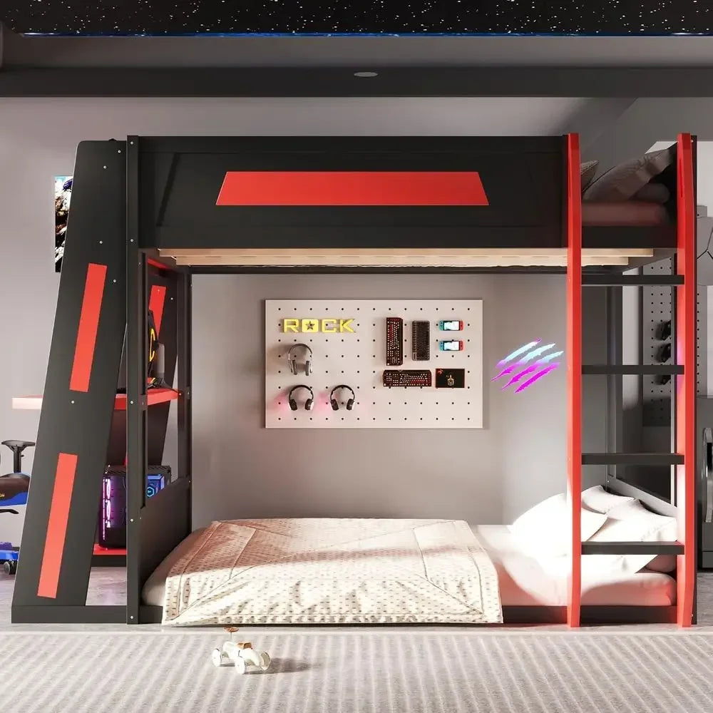 Sturdy Queen Wooden Bunk Bed with Desk, Storage, USB & LED Lights for Gamers and Compact Spaces (Black+Red)