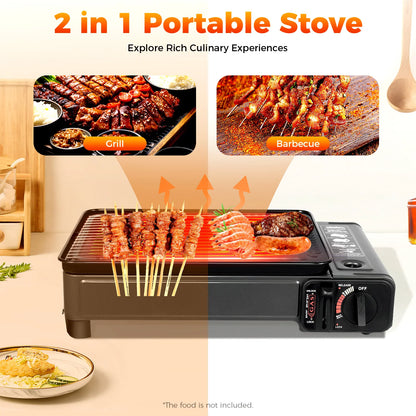 Portable Butane Camping Stove with Storage Box, Overpressure Protection & Adjustable Precise Heat Control for Outdoor Cooking