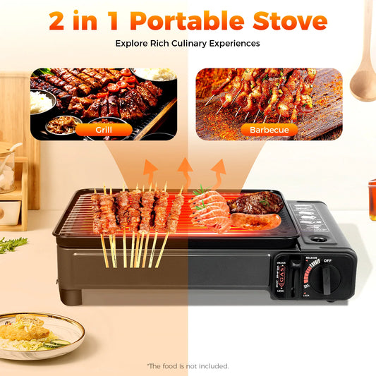 Portable Butane Camping Stove with Storage Box, Overpressure Protection & Adjustable Precise Heat Control for Outdoor Cooking