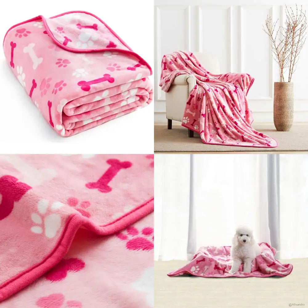 Luxurious Dog Blanket, 350 GSM Super Fuzzy Microplush Fleece Pet Blankets for Small Medium Large Dogs and Cats, Pink Paw and Bo