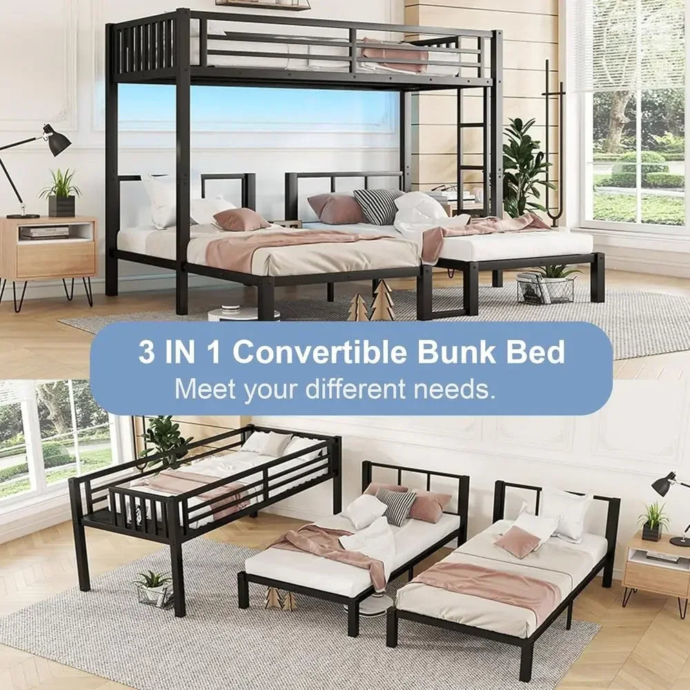 Sturdy Metal Triple Bunk Bed with LED Lights, Storage, and Charging Station for Kids