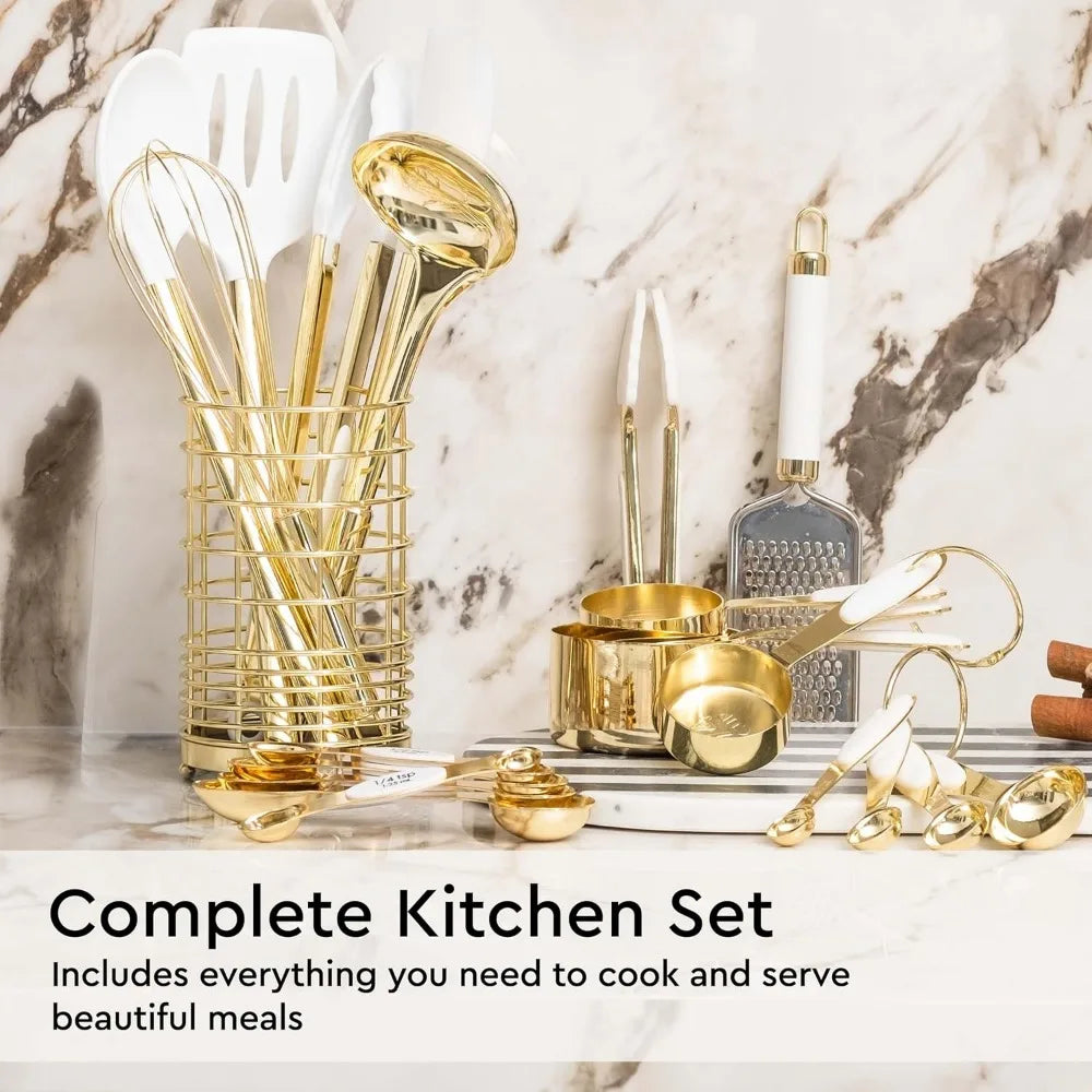 White and Gold Kitchen Utensils Set - 23-Piece Gold Kitchen Accessories Include Measuring Cups and Spoons Set, Silicone Utensils