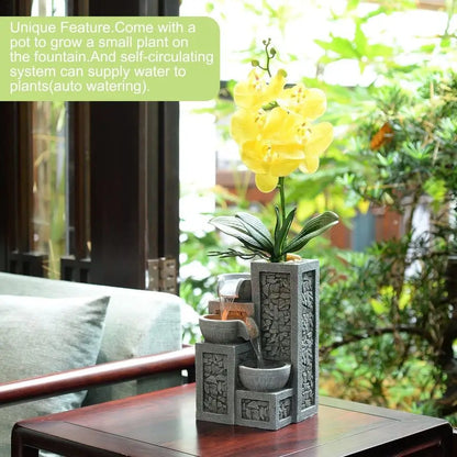 Indoor Tabletop Water Fountain 3Tier Resin Waterfall with LED Lights, Mini Bonsai Planter amp Cascading Water Flow Soothing Desk