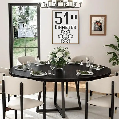 Black Round Dining Table for 6 - Modern Circle 51 Inch Large Room Kitchen Dinning Tables for 4 to 6 Person