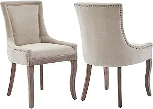 Modern Dining Chairs Set of 2 - High Back Upholstered Fabric Chairs with Solid Wood Legs for Dining Room