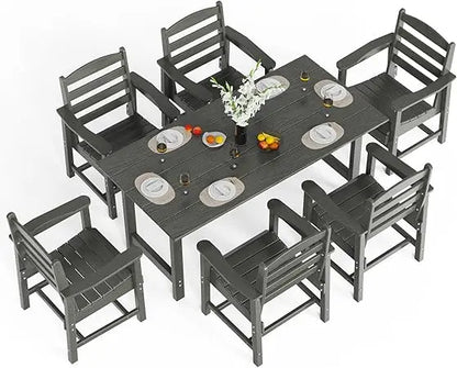 7-Piece Outdoor Patio Dining Set, HDPE All-Weather Rectangular Table with Umbrella Hole & 6 Patio Dining Chairs, Durable Patio