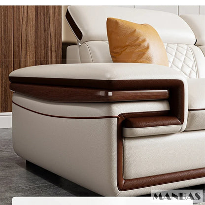 Premium Italian Genuine Leather Sofa Set for Living Room with Adjustable Headrests, Bluetooth Speaker, Wireless Charge