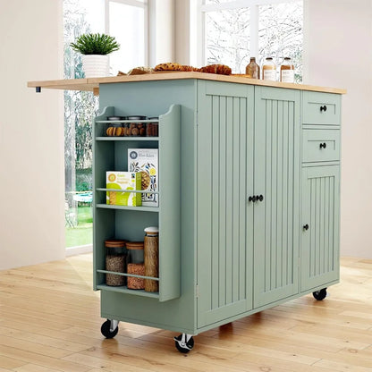 Sage Green Kitchen Island with Storage and Drop-Leaf Countertop on Wheels