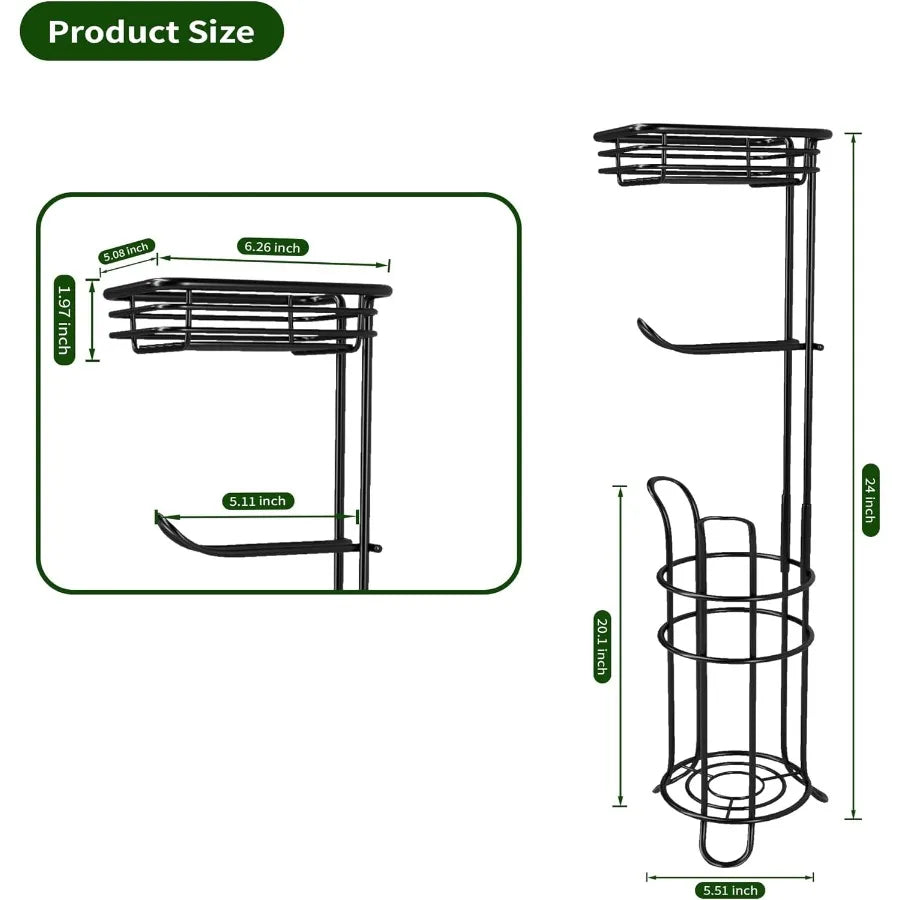 Free standing matte black toilet paper holder with integrated paper roll storage for bathroom organization compact design holds