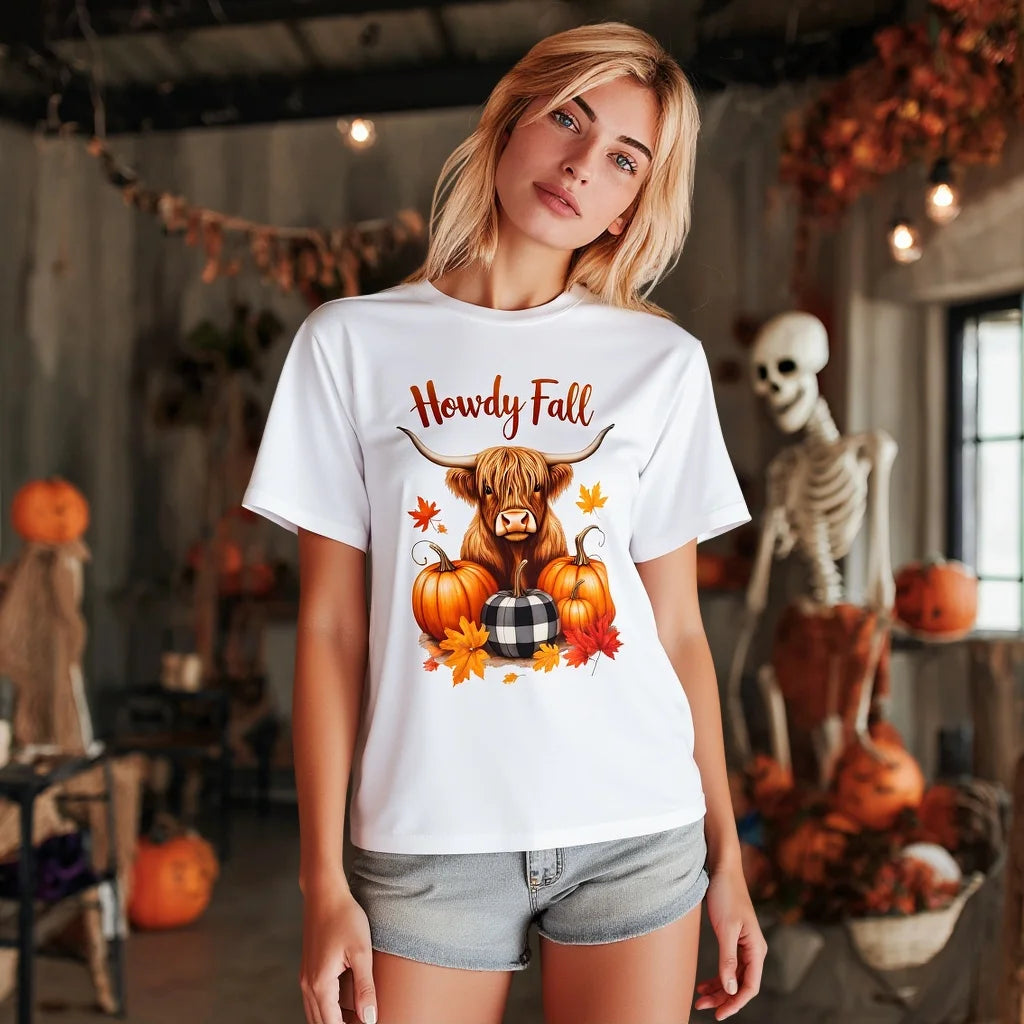 Zaelia Women's Casual T-Shirt Cute Highland Cow Pumpkin Fall Print  Party Wear