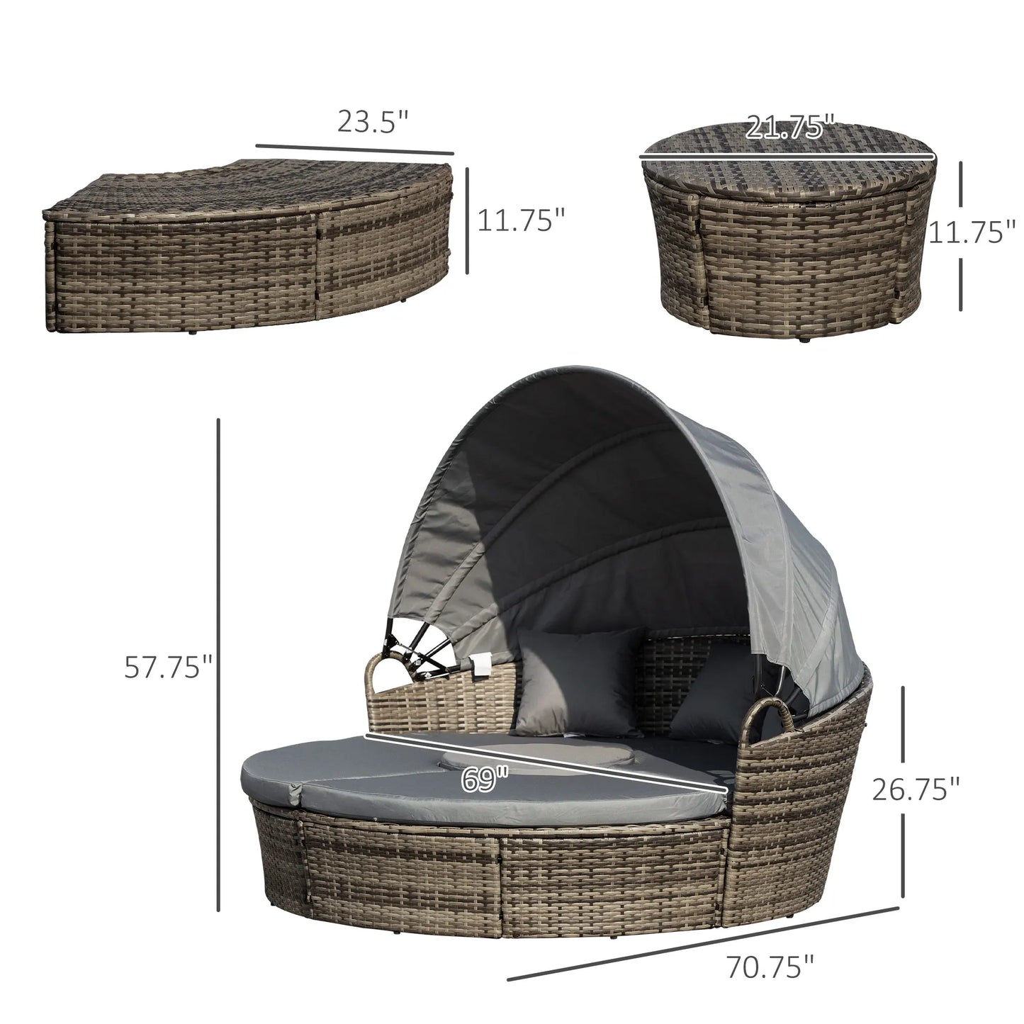 Outdoor Convertible Daybed, 4Pc Furniture Set, Sofa, Coffee Table, Chairs, Gray