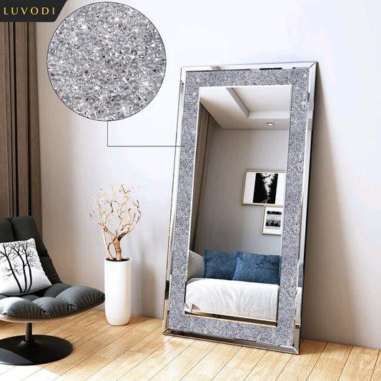 Large Silver Sparkly Crystal Rhinestone Diamond Frameless Vanity Mirrors Wall Mounted Dressing Mirror for Home