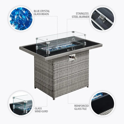 6-Piece Outdoor Patio Set with Fire Pit Table, PE Rattan Furniture & Cover, 60000 BTU Propane Heater (Royal Blue)