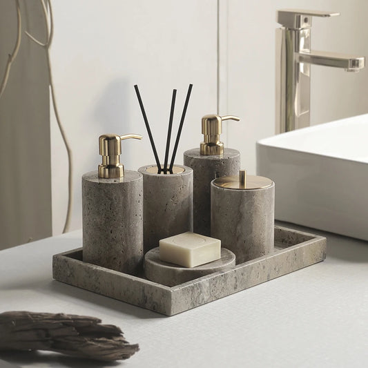 Grigio Travertino Bathroom Accessories Sets Vintage Marble Soap Holder Soap Dispenser Vanity Tray Bathroom Set