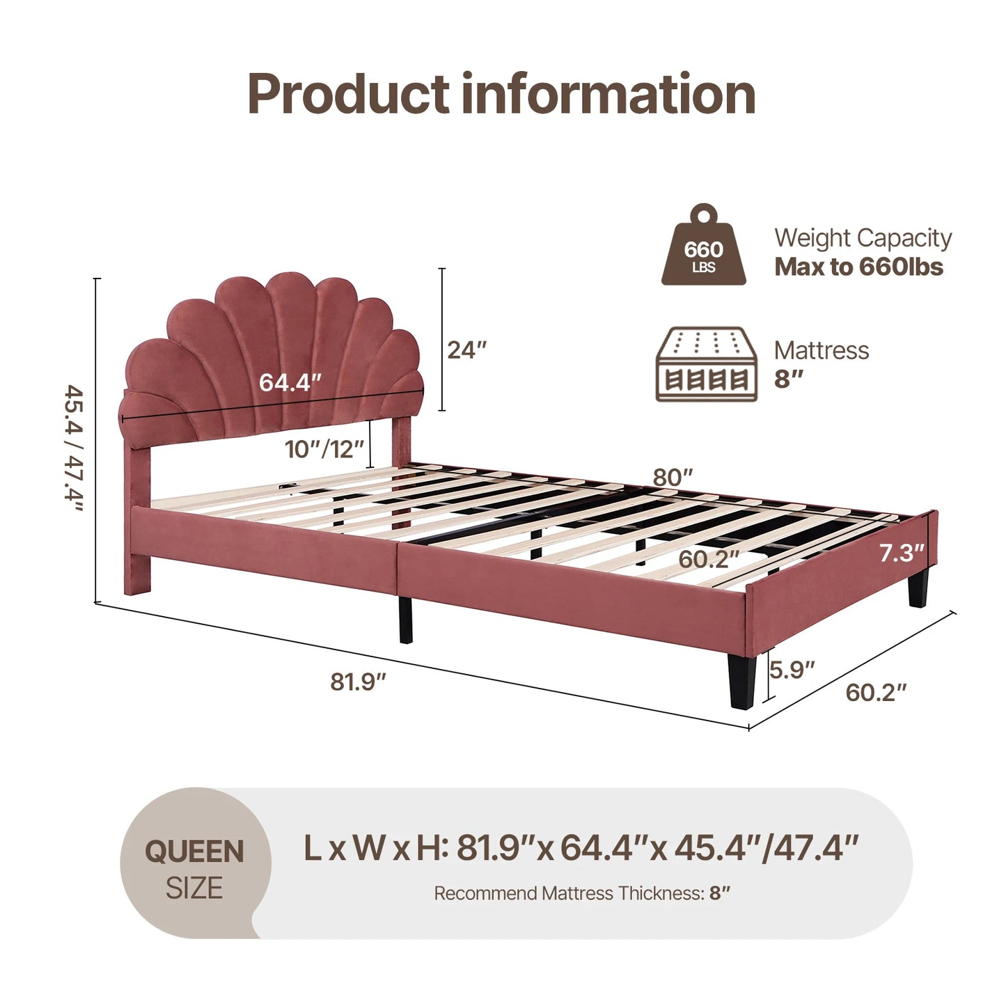 Bed Frame/Velvet Upholstered Platform Bed Frame with Flower Pattern Headboard/Strong Wood Slats Support/Mattress Foundation/No B