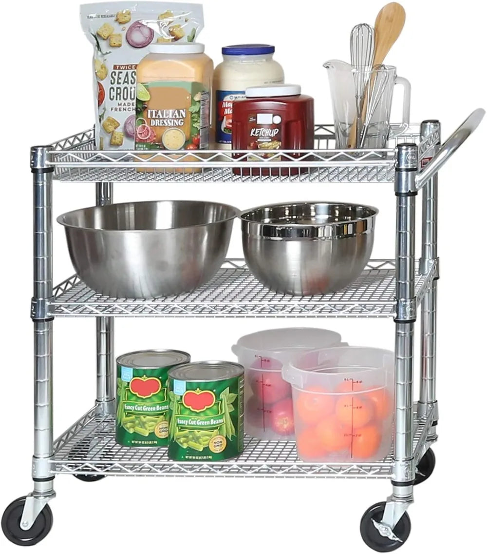 Heavy Duty Metal Rolling Utility Cart with Adjustable Shelves, Locking Wheels for Kitchen, Garage, Warehouse, Office