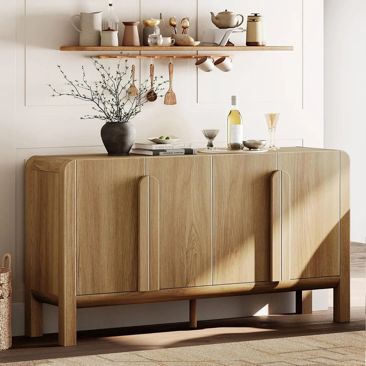 63" W Large Buffet Sideboard Cabinet with Storages, Modern Buffet Table Coffee Bar Wine Bar Storage Curved Cabinet, Customized