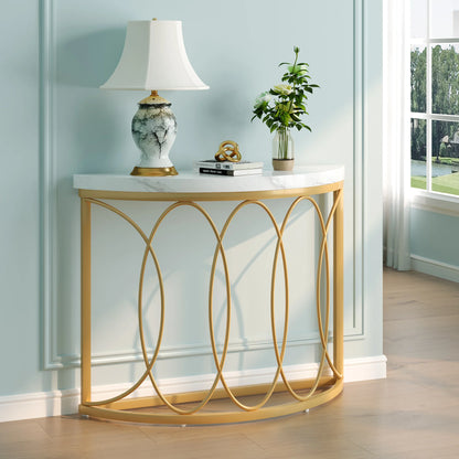 Half Moon Gold Console Table, 43" Modern Entryway Table, Narrow Semi Circle Sofa Table with Geometric Metal Frame