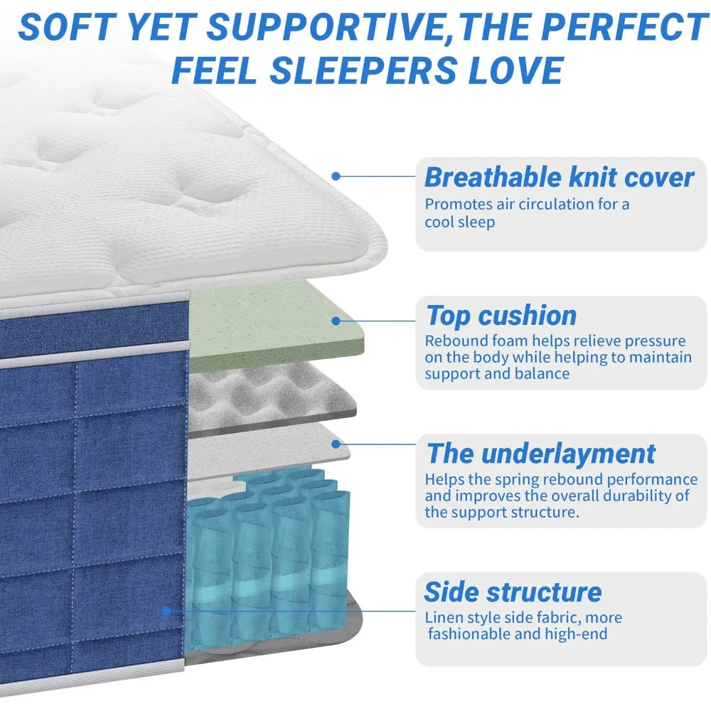 Mattress 12 Inch, Twin Memory Foam Mattresses, Hybrid Matress, Pocket Coil Innerspring, Breathable Fabric, Strong Edge Support
