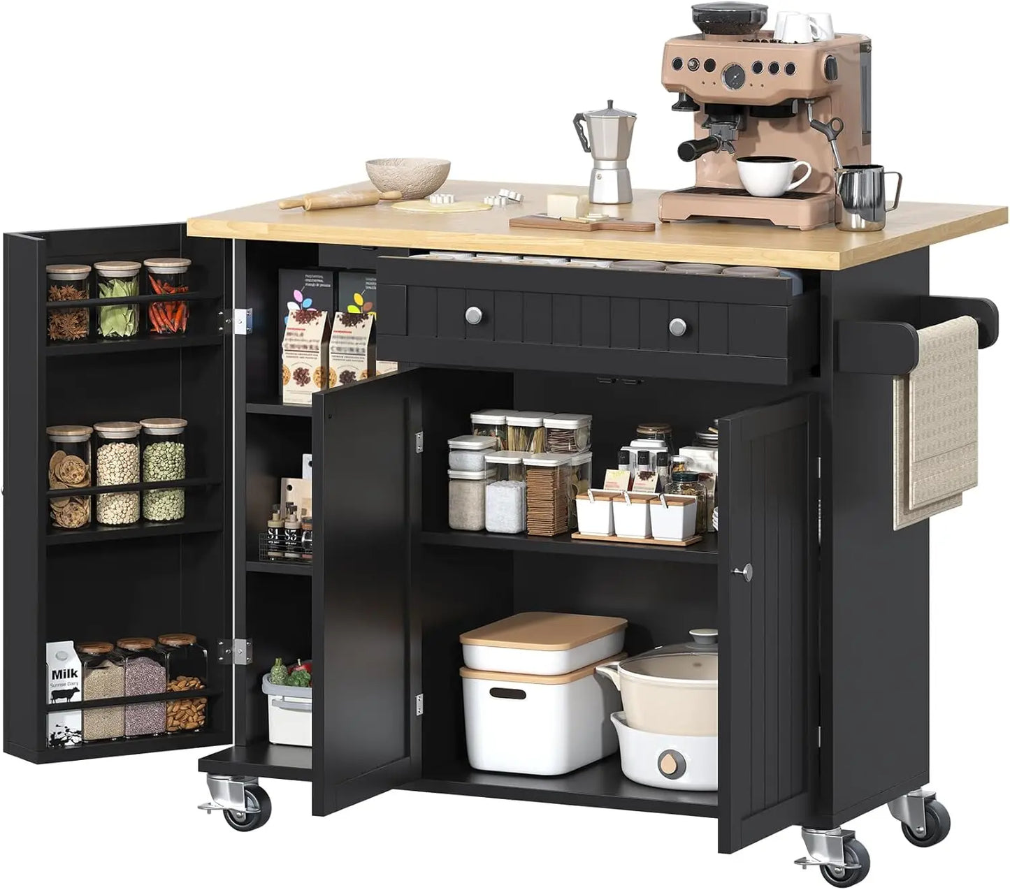 Kitchen Island with Drop Leaf, Island Table on Wheels with Storage Cabinet, Modern Sideboard Buffet with Doors, Rolling