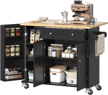 Kitchen Island with Drop Leaf, Island Table on Wheels with Storage Cabinet, Modern Sideboard Buffet with Doors, Rolling