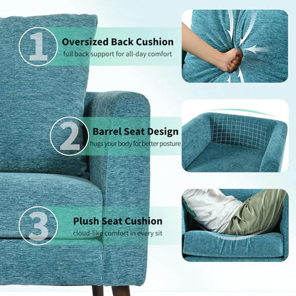 Accent Chair Set of 2 for Living Room, Modern Upholstered Chenille Barrel Arm Chair, Large Pillow, Solid Wood Legs