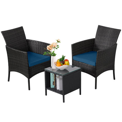 3-Piece Bistro Set Outdoor Patio Furniture Rattan Chairs Table Soft Cmats Tempered Glass Durable Comfortable Garden