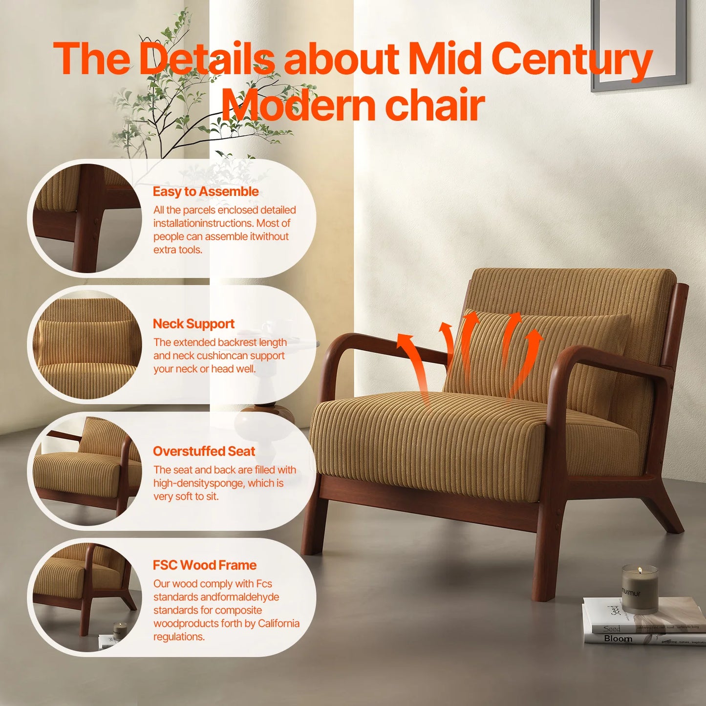 Mid Century Modern Accent Chair, Comfy Fabric Reading Chair with Solid Wood Frame, Easy Assembly Armchair for Living Room ，Bedro