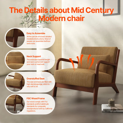 Mid Century Modern Accent Chair, Comfy Fabric Reading Chair with Solid Wood Frame, Easy Assembly Armchair for Living Room ，Bedro