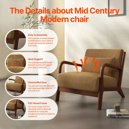 Mid Century Modern Accent Chair, Comfy Fabric Reading Chair with Solid Wood Frame, Easy Assembly Armchair for Living Room ，Bedro