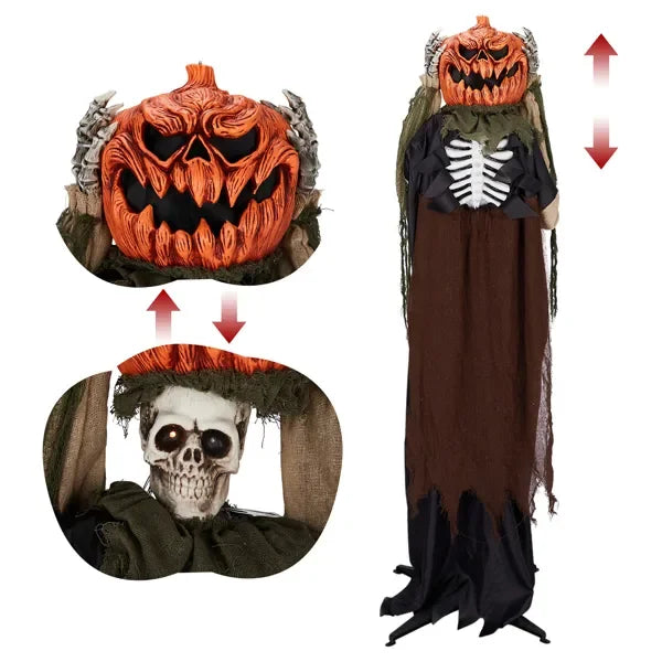 5.6ft Halloween Outdoor Life Size Animatronics Ghost with Pumpkin Head, Sound-Activated Scary Props for Garden Yard Lawn