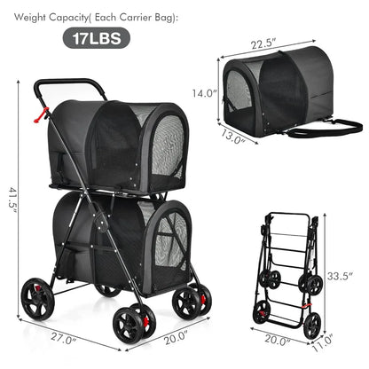 Double Pet Stroller with 2 Detachable Carrier Bags, Safety Belt, 4 Lockable Wheels, Folding Cat & Dog Stroller for Small Medium