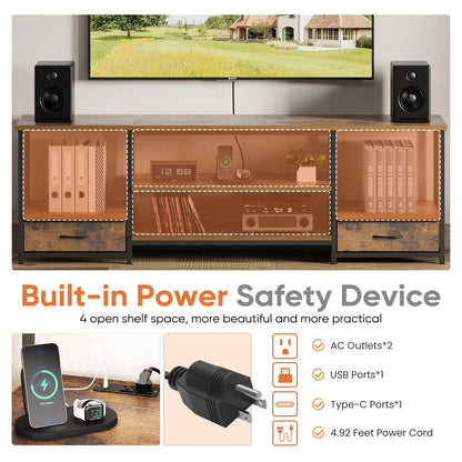 63IN Wooden Tv Stand For Up To 75 Inch TV Entertainment Center For Living Room Media Console Adjustable Shelf 2 Storage