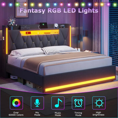 LED King Bed Frame with Charging Station, Hidden Storage & Upholstered Headboard, Dark Gray Linen