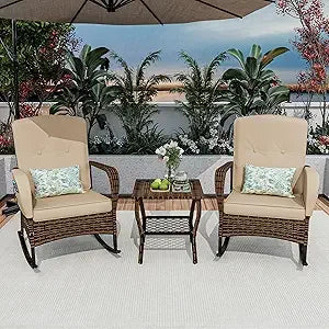 3-Piece Patio Furniture Set, 2wickerOutdoor Rocking Chairs with Rattan Coffee Table