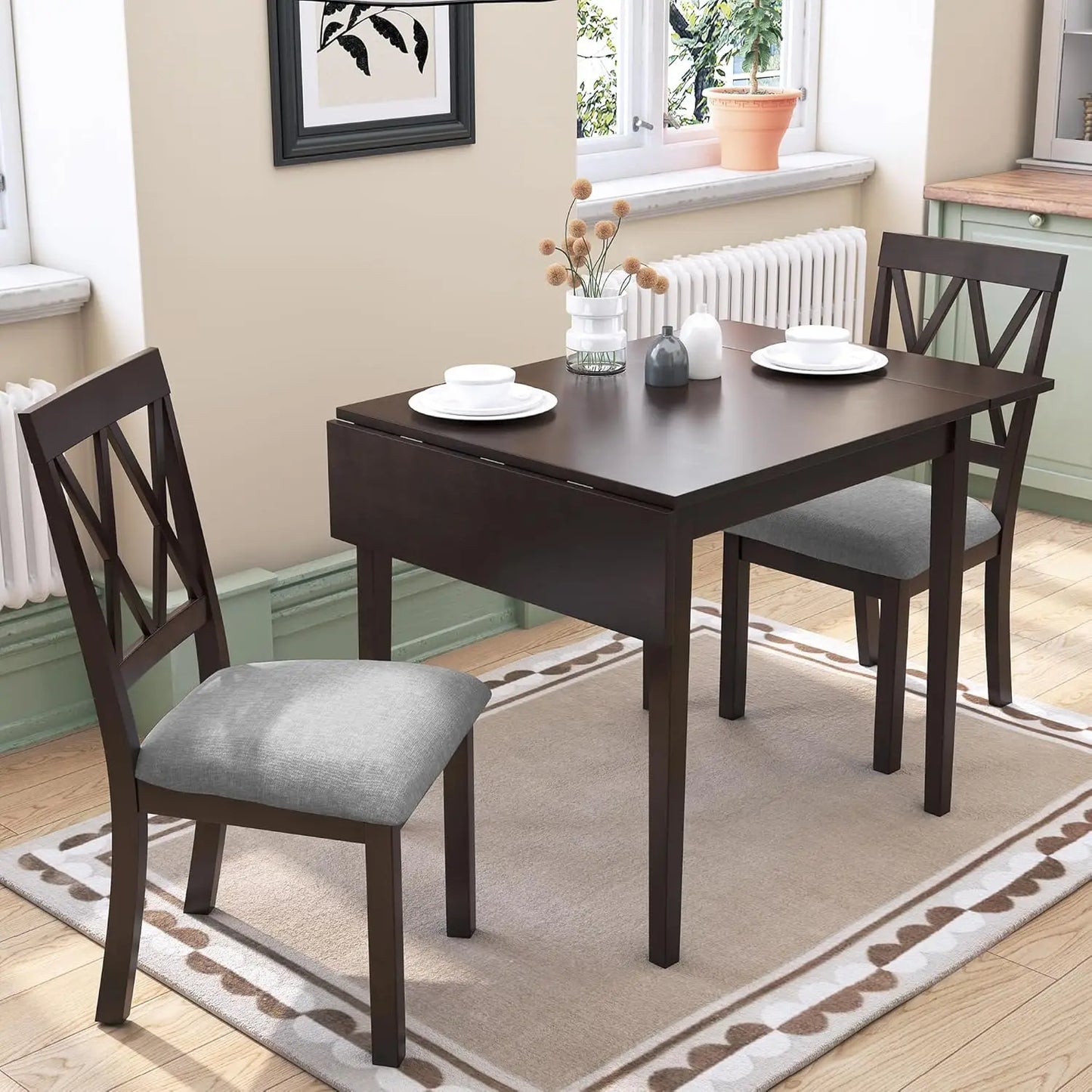 3-Piece Set – Drop-Leaf Table & 2 Upholstered Chairs, Wooden Dining Set for Small Spaces