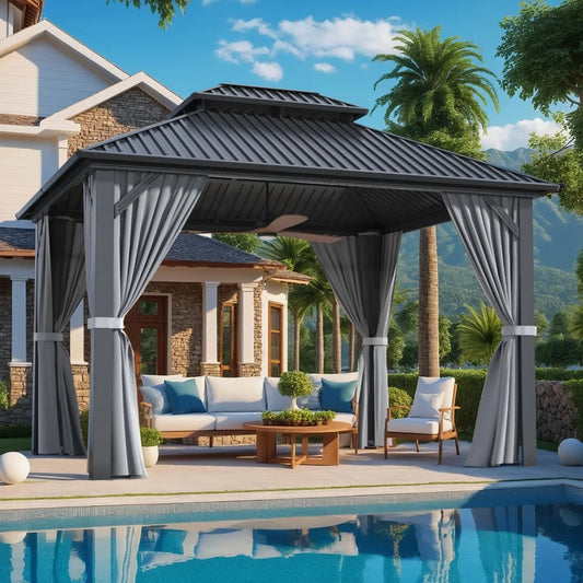 Aluminum Framed Hardtop Gazebo with Double Galvanized Steel Roof, Curtains, and Netting