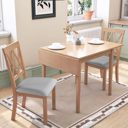 3-Piece Set – Drop-Leaf Table & 2 Upholstered Chairs, Wooden Dining Set for Small Spaces