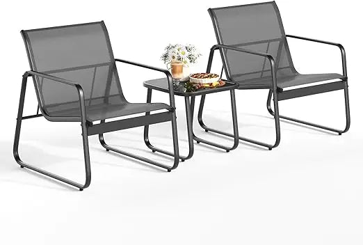 Patio Chairs Set of 2, Patio Furniture Set with Metal Frame Glass Table, Outdoor Chairs Set of 2 for Balcony, Bistro Table and