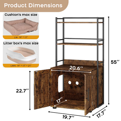 Cat Litter Box Enclosure with 2-Tier Storage Shelves and Doors Hidden Cat Washroom Cabinet Indoor Furniture Fits Most Litter Box