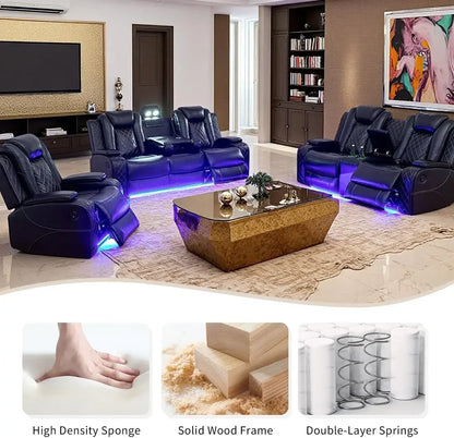 Hot salesPower Recliner Sofa Set, Black Leather 3 Pieces Sectional Couch, Living Room Furniture Sets with LED Light, Modern Powe