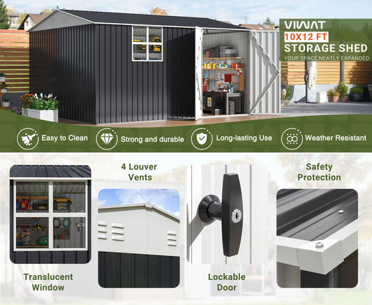 Polar Aurora 10x12 FT Outdoor Metal Storage Shed with Windows, Lockable Garden Tool Shed, Heavy-Duty Frame