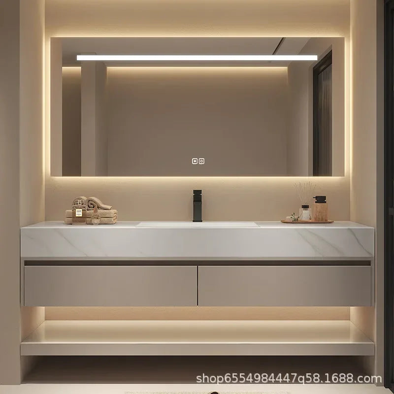 Modern Floating Vanity Bathroom Slate Integrated Basin Wall Mounted Bathroom Storage Cabinet Single Set Bathroom Vanity Sink Set