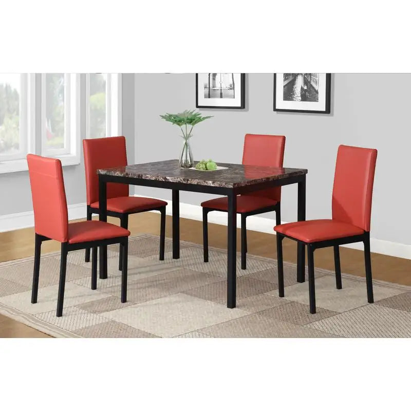 5-Pc Metal Dinette Set with Laminated Faux Marble Top, Red Finish