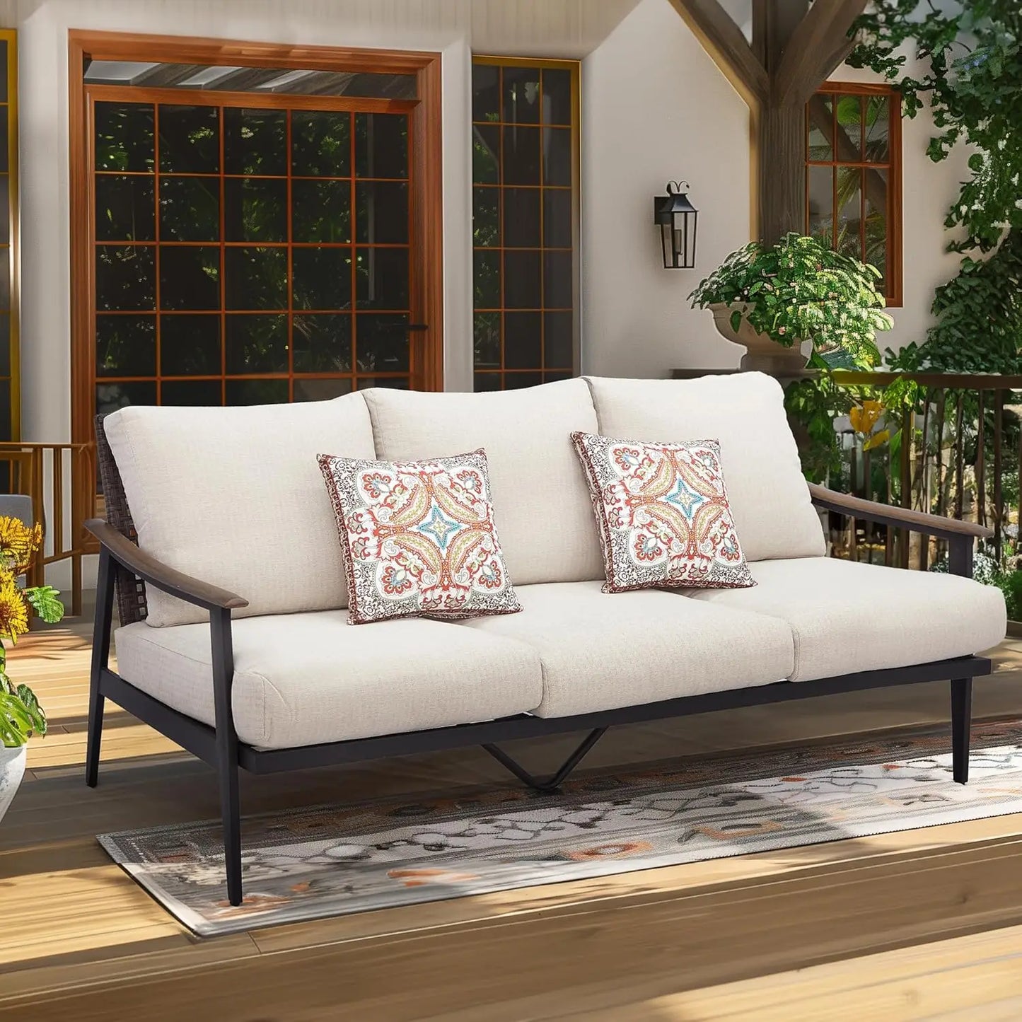 Patio Loveseat Sofa Furniture Metal Chair with Wicker Backrest & 6 Inches Cushion for Indoor, 51.77"(L) x 29.75"(W) x 33.86"(H).