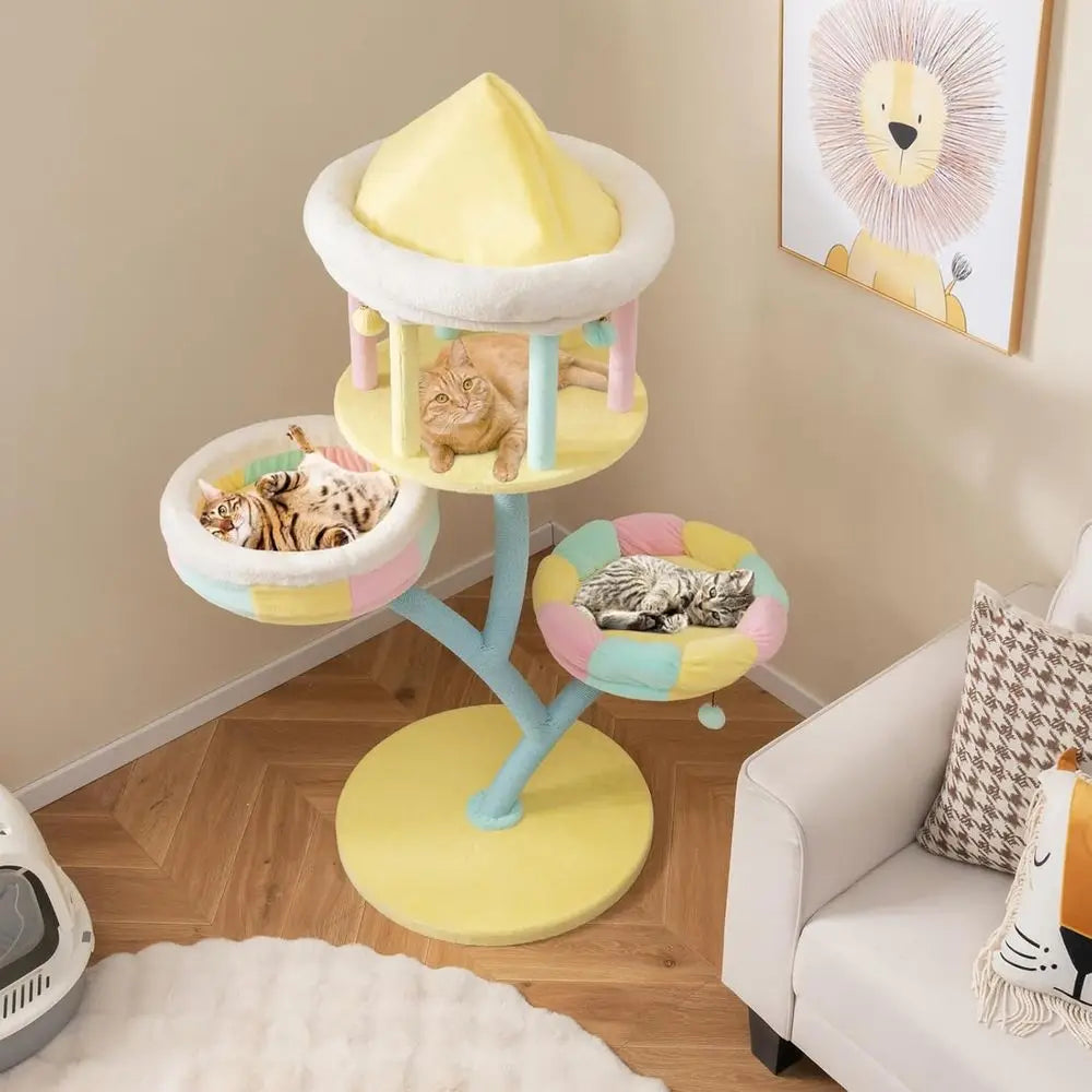 57.5 High Stylish Cat Tower with Paper Rope, Open-top Condo, Removable Perches, and Swinging Balls for Indoor Play